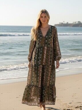 Altard State Bohemian Olive Green Patterned Maxi Dress